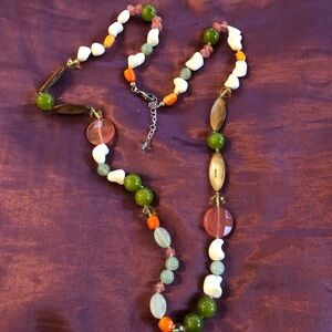 Vintage Semi Precious Gemstones Necklace / Beggar Beads / 925 Silver Clasp Agate